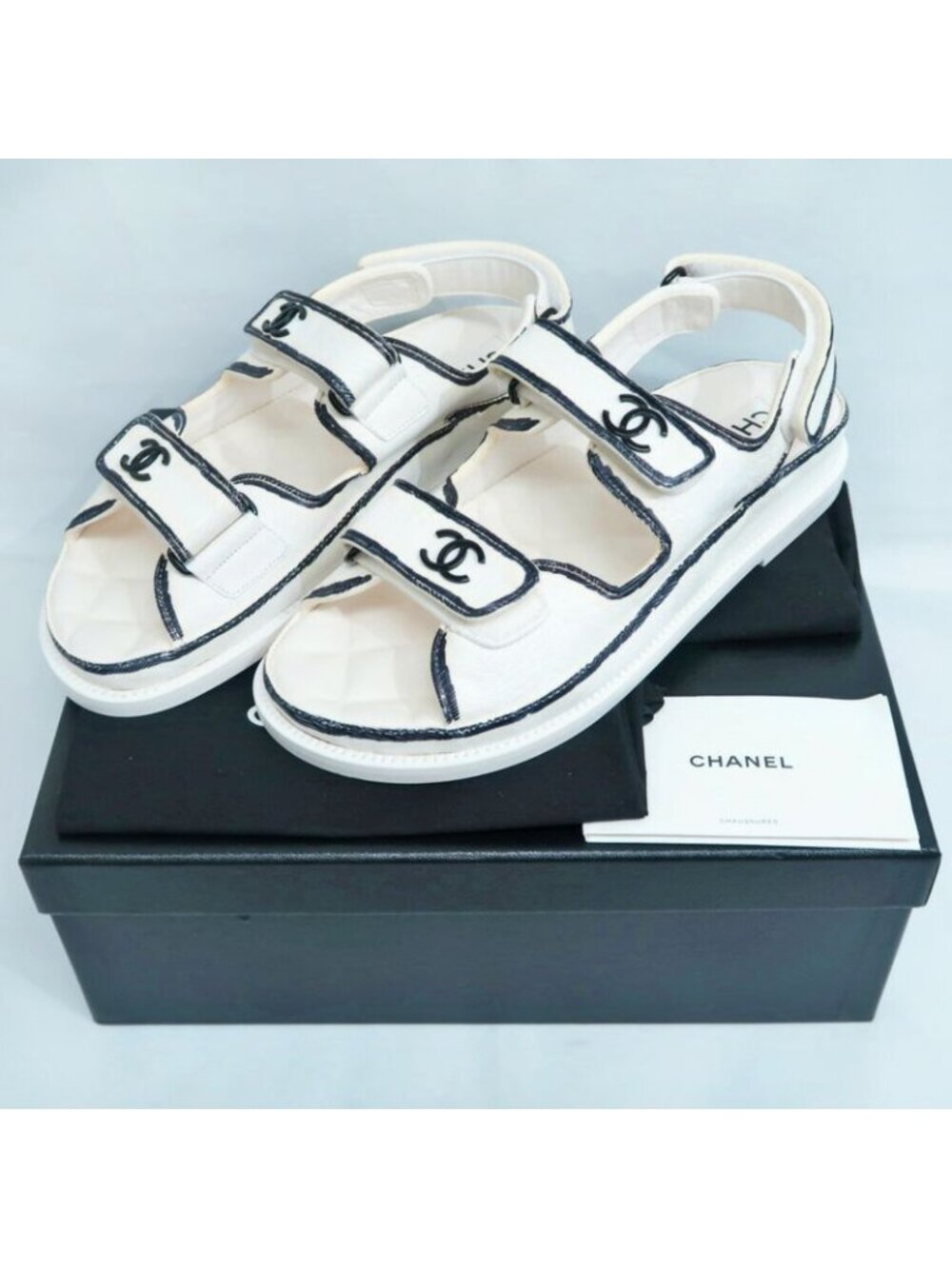 Chanel Velcro Comfort Sandals CC Mark Off White Black 38C - Picture 10 of 10